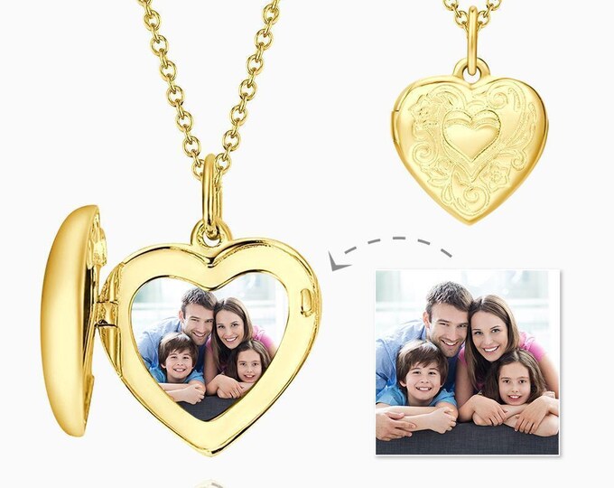 Embossed Printing Heart Photo Locket Necklace With Engraving 14k Gold Plated