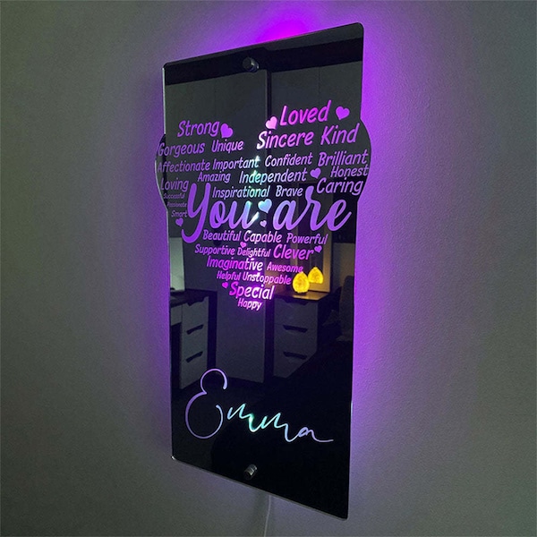 Gravure personnalisée | Lampe pour miroir coeur Affirmation | Miroir motivant | Cadeau pour elle | Cadeau de fin d'études | Cadeau d'anniversaire