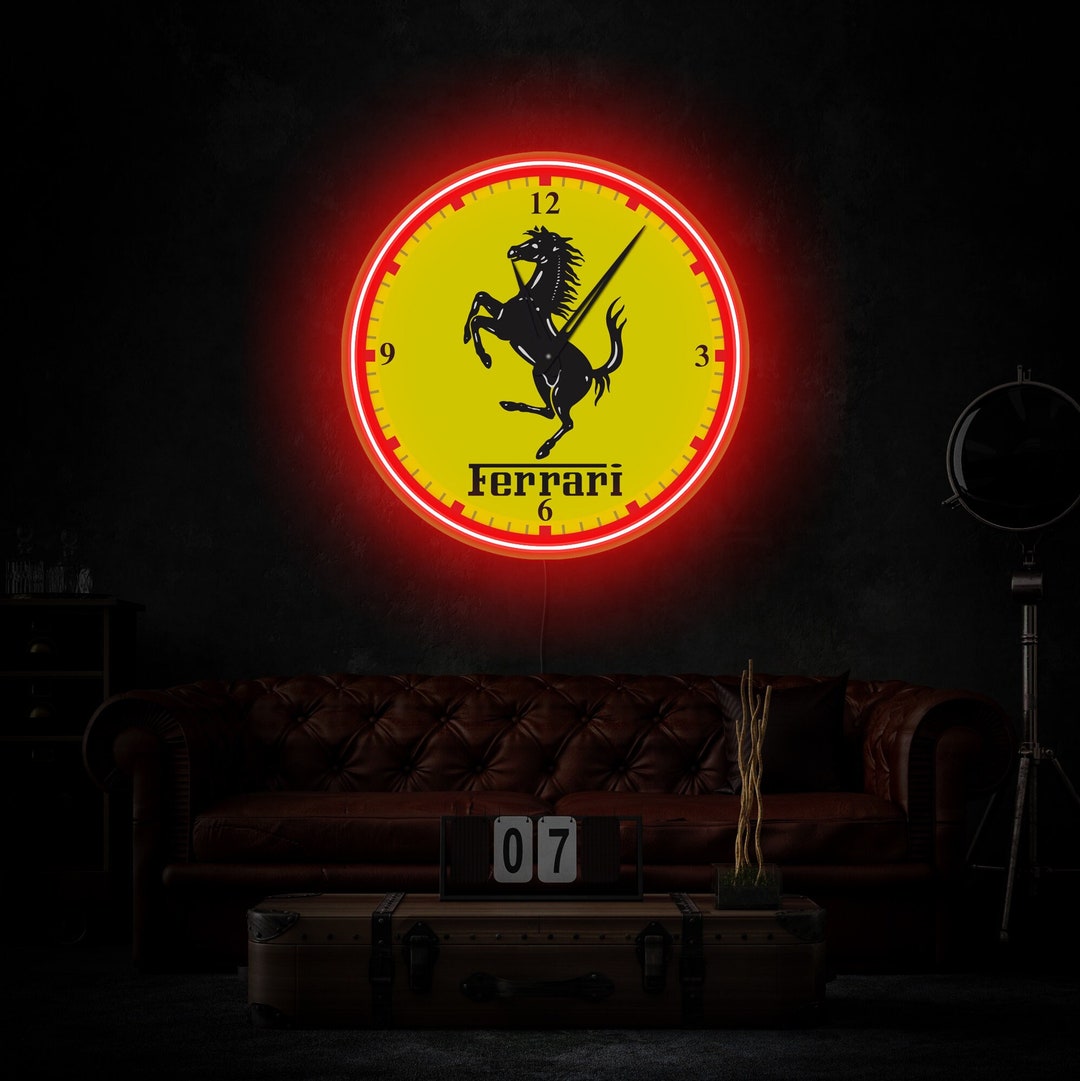 Ferrari Wall Clock, Ferrari Neon Logo, Garage Wall Clock, Car Logo
