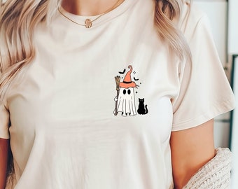 Ghost Witch, słodka koszulka Ghost Halloween, koszulki Spooky Season, jesienna koszulka graficzna, prezent na Halloween dla miłośników kotów, Spooky Season, koszulka Halloween