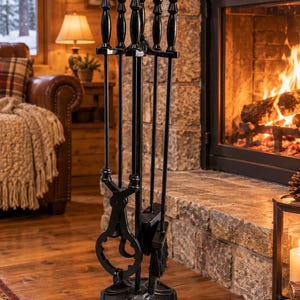 Puede incluir: Un juego de herramientas para chimenea en color negro con una base hexagonal resistente y un soporte central. El conjunto incluye un atizador, una pala, unas tenazas con mecanismo de bisagra circular y un cepillo con mangos decorativos.