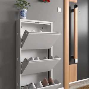 Zapatero metálico delgado blanco – Organizador inclinable de 3 puertas, 50 cm de ancho