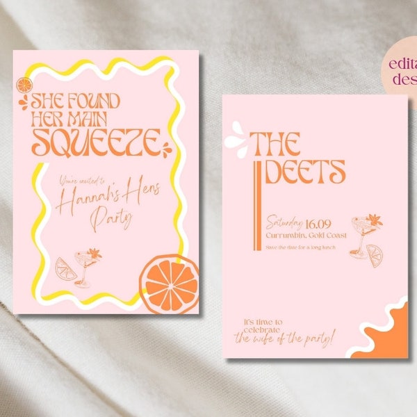 Hens/Bachelorette invite Main Squeeze citrus theme- editable template link