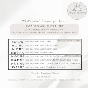 May include: An image with text detailing the included digital print sizes: 5x7", 8x10", 9x12", 11x14", 16x20", 18x24", 24x36", and ISO A2. The text also mentions immediate downloads on Etsy and a PDF link for additional files.