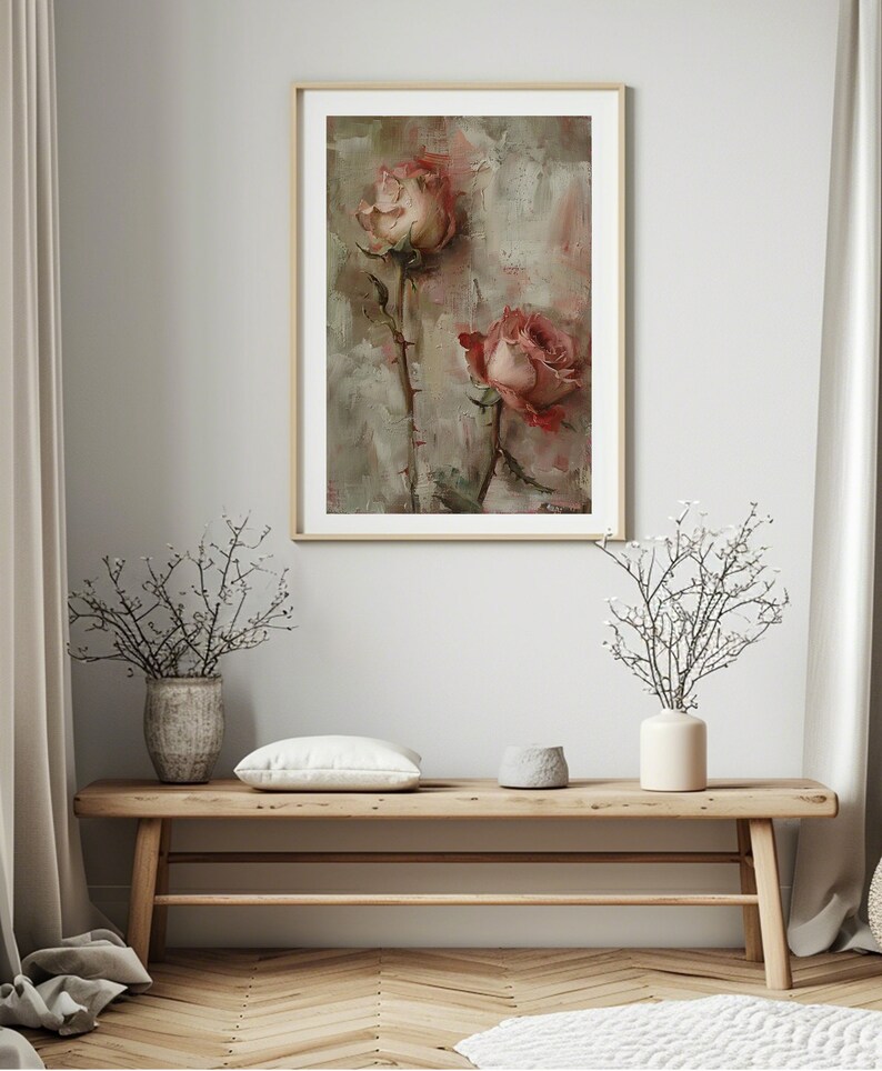May include: A framed painting of two pink roses with green stems and thorns on a light gray background.