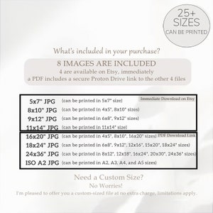 May include: A digital download listing for 8 printable images in various sizes, including 5x7 inches, 8x10 inches, 9x12 inches, 11x14 inches, 16x20 inches, 18x24 inches, 24x36 inches, and ISO A2. The listing includes a PDF download link for the remaining 4 images.