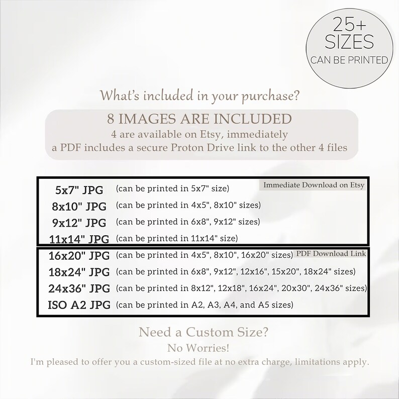 May include: A digital download listing for 8 printable images in various sizes, including 5x7 inches, 8x10 inches, 9x12 inches, 11x14 inches, 16x20 inches, 18x24 inches, 24x36 inches, and ISO A2. The listing includes a PDF download link for the remaining 4 images.