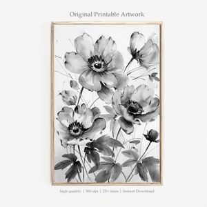 Elegant Monochrome Florals PRINTABLE Art | Black & White Flower Illustration | Home Decor | Modern Flower Print