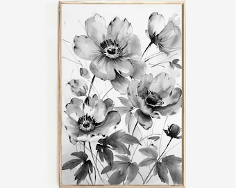 Elegant Monochrome Florals PRINTABLE Art | Black & White Flower Illustration | Home Decor | Modern Flower Print