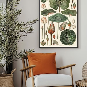 May include: Botanical print featuring detailed illustrations of various plant parts, including leaves, buds, and flowers, in shades of green, beige, and orange. The artwork is framed in a black frame and displayed in a living room setting with a wooden chair and orange pillow.