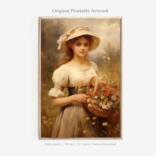 Victorian Lady with Flowers PRINTABLE Art | Classic Portrait Painting | Elegant Wall Art Download | English Woman Print