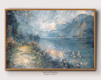 Paisaje de montaña IMPRIMIBLE / Pintura al óleo digital / Paisaje de lago sereno / Arte de la pared de la naturaleza / Paisaje de montaña de primavera