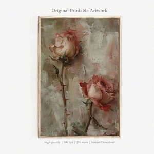 May include: A painting of two pink roses with green stems and thorns against a textured, gray background.