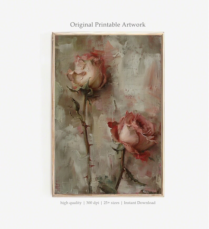 May include: A painting of two pink roses with green stems and thorns against a textured, gray background.