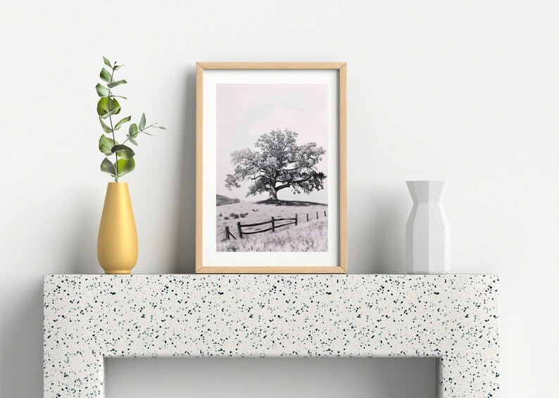 May include: A black and white photograph of a lone tree in a field with a wooden fence. The photo is framed in a light wood frame and is displayed on a white countertop with a vase of green leaves on the left and a white vase on the right.