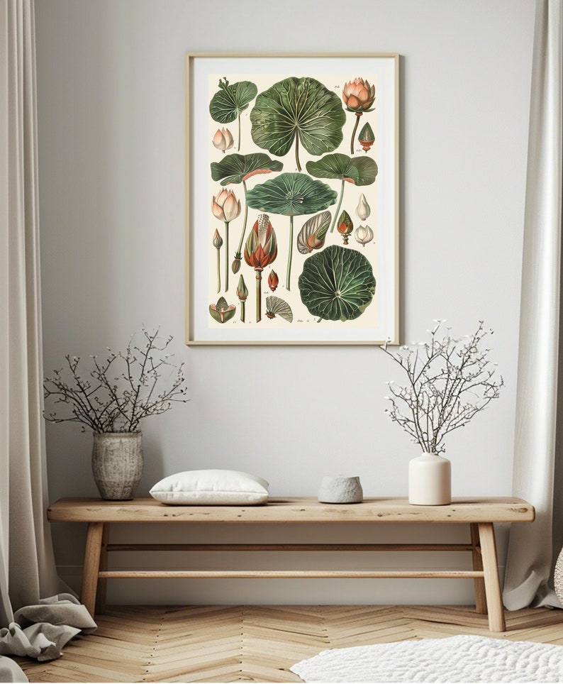 May include: A framed botanical print featuring detailed illustrations of lotus flowers and leaves in various stages of growth. The artwork showcases green leaves, pink and orange blossoms, and buds against a cream-colored background. The print is displayed above a wooden bench.