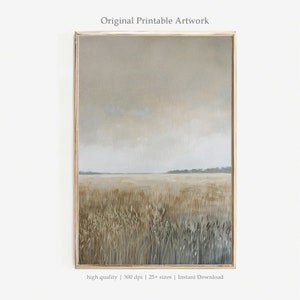 May include: A digital painting of a field of tall grass with a cloudy sky in the background. The colors are muted and earthy, with shades of brown, beige, and gray.