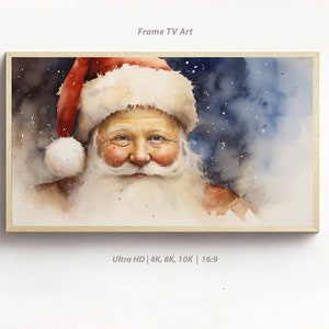 May include: A watercolor painting of Santa Claus with a red hat and white beard, smiling against a blue background with white snowflakes.