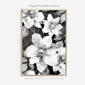 Monochrome Floral PRINTABLE Art | Watercolor Flowers Wall Decor | Botanical Black and White Digital Download | Vintage Print