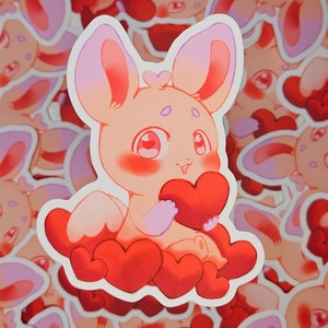 BIG Bunny Vinyl Sticker, Cute Chibi, Cupid Design, mit rosa Herzen