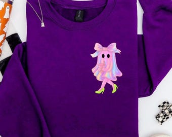 SHIMMERING GHOST HALLOWEEN Sweatshirt, Pastel Ghost Shirt, Coquette Bow Ghost Sweater, Cute Iridescent Ghost Halloween Sweater Gift