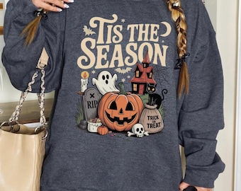 VINTAGE HALLOWEEN SWEATSHIRT, Retro Halloween Shirt, Tis the Season Sweatshirt, Halloween Skeleton Pumpkin Ghost Crewneck, Halloween Gift