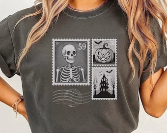 HALLOWEEN POSTAGE STAMPS Shirt, Comfort Colors Halloween Stamps Shirt, Skeleton Shirt, Vintage Halloween Stamps Tshirt, Halloween Gift