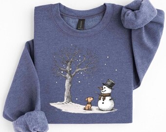 Sudadera navideña con muñeco de nieve y perro, Camiseta con muñeco de nieve y perro, Sudadera navideña de invierno con muñeco de nieve, Suéter navideño para mujer