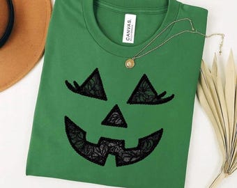 PUMPKIN FACE HALLOWEEN Shirt, Faux Lace Halloween Tshirt, Cute Jack-o-lantern Face Shirt, Halloween Pumpkin Shirt Gift, Jack o lantern Face