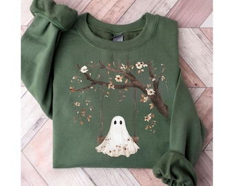 LACE GHOST HALLOWEEN Sweatshirt, Floral Ghost Shirt, Cute Ghost On A Swing Fall Sweater, Coquette Bow Ghost Sweatshirt, Halloween Shirt Gift