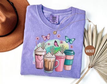 HALLOWEEN COFFEE SKELETON Hand Shirt, Comfort Colors Fall Coffee Shirt, Cute Halloween Coffee Shirt, Fall Coffee Lover Shirt Gift