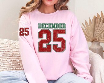 FELPA RETRO 25 DICEMBRE, Maglietta di Natale del 25 dicembre, Felpa girocollo retrò di Natale del 25 dicembre, Felpa natalizia rosa in regalo
