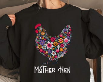 Sudadera con estampado de gallina, camiseta floral de gallina, sudadera con cuello redondo floral de gallina, regalo para mamá gallina, camiseta de mamá gallina, sudadera estilo granja