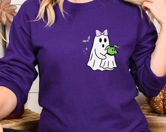 GHOST HOLDING DOG Halloween Sweatshirt, Ghost Walking Dog Sweater, Cute Ghost Frankenstein Dog Halloween Shirt, Halloween Sweatshirt Gift