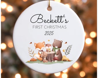 CUSTOM WOODLAND CHRISTMAS Ornament, Personalized Baby's First Christmas Ornament, Baby Boy Ornament Gift, Ornament Keepsake, Baby Woodland