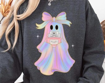 GHOST HOLDING Perfume Sweatshirt, Shimmery Ghost Halloween Sweater, Iridescent Ghost Shirt, Girly Pastel Ghost, Cute Bougie Ghost Shirt Gift