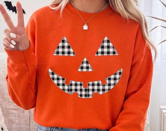 JACK O LANTERN HALLOWEEN Sweatshirt, Gingham Pumpkin Face Shirt, Funny Halloween Crewneck Womens, Retro Halloween Pumpkin Face Shirt Gift