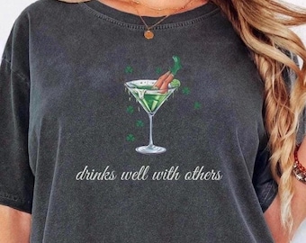 DRINKS WELL WITH Others Shirt, Leprechaun Martini Drink Tshirt, Comfort Colors Drinks Well With Others, Vacation Shirt