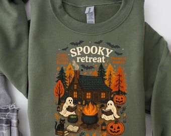 HALLOWEEN SPOOKY RETREAT Sweatshirt, Reading Retreat Sweatshirt, Halloween Book Lover Gift, Ghosts Reading Books Shirt, Retro Ghost Reading