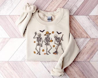 DANCING SKELETONS HALLOWEEN-sweater, herfst Halloween-skelettrui, Western Halloween-skelettenshirt, Halloween-sweatshirt cadeau