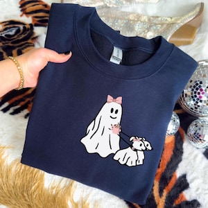 GHOST WALKING DOG Sweatshirt, Cute Ghost Sweatshirt, Ghost Walking Dogs Shirt, Halloween Pink Ghost Walking Dog, Fall Sweater Gift