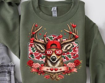 CAMO DEER VALENTINE Sweatshirt, Valentines Hunting Deer Camo Shirt, Cute Valentine Buck Sweatshirt, Hunter Boyfriend Valentine Sweater Gift