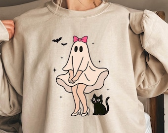 BLUZA Z KOKIETKĄ NA HALLOWEEN, Koszulka z kokardą z duchem na Halloween, Koszulka z kokietką z duchem, Bluza z duchem i kotem, Uroczy prezent na koszulkę na Halloween