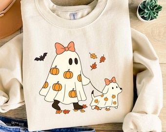 GHOST WALKING DOG Halloween Sweatshirt, Ghost walking Dog Shirt, Womens Fall Halloween Sweater Gift, Cute Dog Lovers Halloween Gift
