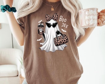 COMFORT COLORS BOOJEE Ghost Shirt, Halloween Ghost Shirt, Leopard Mom Shirt, Coffee Lover Ghost Tshirt, Spooky Womens Halloween Gift