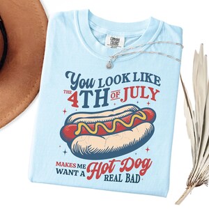 K&ouml;nnte beinhalten: Hellblaues T-Shirt mit einer Abbildung eines Hotdogs und dem Text "You look like the 4th of July makes me want a hot dog real bad." Eine silberne Halskette mit einem kleinen Anh&auml;nger liegt auf dem Shirt.