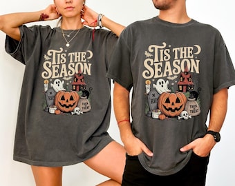 TIS THE SEASON Shirt, Halloween Pumpkin Shirt, Vintage Halloween Tshirt, Pumpkin Ghost Cat Shirt, Spooky Season Shirt, Retro Halloween Shirt