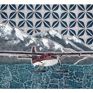 May include: An artistic depiction of a seaplane in flight over water, with snow-capped mountains in the background. The plane is red and white with black wings. The water and sky have textured patterns.