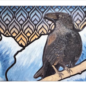 May include: A detailed painting of a raven perched on a branch, set against a backdrop of snow-capped mountains and a stylized sky. The raven is depicted in shades of black and brown, with a detailed rendering of its feathers. The background features a decorative pattern.