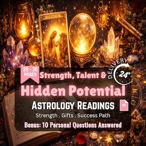 Puede incluir: Imagen con una carta del tarot con la palabra "STRENGTH", una bola de cristal brillante y el texto "Strength, Talent & Hidden Potential". La imagen también incluye el texto "ASTROLOGY READINGS" y "Bonus: 10 Personal Questions Answered".